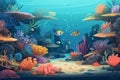 Illustration underwater scene with coral reef and exotic fish. Generative Ai Royalty Free Stock Photo