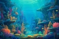 Illustration underwater scene with coral reef and exotic fish. Generative Ai Royalty Free Stock Photo