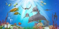 Illustration of the underwater world with dolphins and tropical fishes. Royalty Free Stock Photo