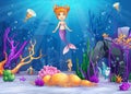 Illustration of the underwater world with a funny fish and a mermaid