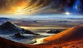 Illustration of an unexplored planet with an lifeless landscape in distant galaxy