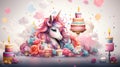 Illustration of unicorn with birthday cakes with candles, flowers and fantasy paint splashes in soft pastel colors. Royalty Free Stock Photo