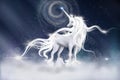 Illustration of Unicorn with sky galaxy fantasy background in blue color. Digital CG painting of Fantasy Horse with lightning