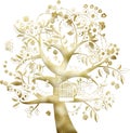 Illustration of a unique design of a golden tree with cage, flowers, and leaves Royalty Free Stock Photo