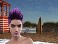 Illustration of an unsmiling woman with purple hair in front of a beach with a surfboard and chair