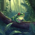 Illustration of an Up-close Frog on a Log in the Forest Royalty Free Stock Photo