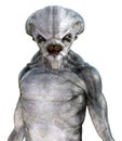 Illustration of the upper torso of alien with long sharp teeth looking forward on a white background