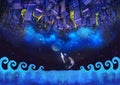 Illustration: The Upside Down City Buildings in the Starry Night with Flying Fish