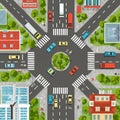 Illustration of an urban intersection with a roundabout, featuring multiple cars and Royalty Free Stock Photo