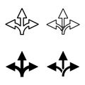 Three arrows direction icon. Vector set of three arrows directions icons. Icons isolated. Vector set of branching arrow