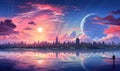A utopic futuristic city on an alien planet with two big moons and clouds Royalty Free Stock Photo