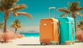 Illustration of vacation on tropical sunny beach and beautiful sand. Pastel, modern suitcases are in the center of the frame.