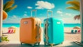 Illustration of vacation on tropical sunny beach and beautiful sand. Pastel, modern suitcases are in the center of the frame.