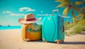 Illustration of vacation on tropical sunny beach and beautiful sand. Pastel, modern suitcases are in the center of the frame.