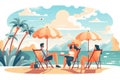 Illustration of a vacationing company on coast under umbrellas in sun loungers. Royalty Free Stock Photo