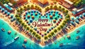 Illustration of Valentine card on summer beach resort background. Honeymoon. Tourism