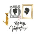 Illustration for Valentine`s day. Portraits of two lovers and waiting dog