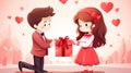 Illustration of Valentine\'s scene with a couple exchanging gifts