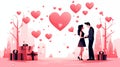 Illustration of Valentine\'s scene with a couple exchanging gifts