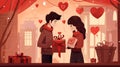 Illustration of Valentine\'s scene with a couple exchanging gifts