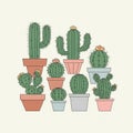 Illustration of various cacti in an array of colorful pots. The cacti have diverse shapes, Royalty Free Stock Photo