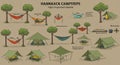 Illustration of various camping setups featuring hammocks and tents. Several Royalty Free Stock Photo