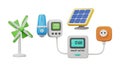 Illustration of various ecofriendly devices including wind turbine solar panel smart meter and energysaving gadgets Royalty Free Stock Photo