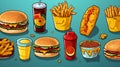 Illustration of various fast foods, top view, hamburger, hot dog, french fries, drinks on a blue background