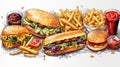 Illustration of various fast foods, top view, hamburger, hot dog, french fries, drinks on a light background