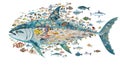 Illustration of various fish forming a larger fish shape, colorful and artistic