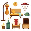 Illustration of various home decor elements. Includes a wooden bench with a cushion Royalty Free Stock Photo