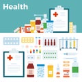 Illustration with various medicaments in the form of tablets, injections vector icon in flat design.