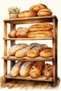 Illustration of various pastries, bread on wooden shelves, white background 1