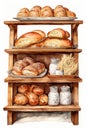 Illustration of various pastries, bread on wooden shelves, white background 2