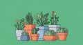 Illustration of various potted plants displayed against a solid Royalty Free Stock Photo