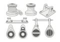 Two winches with circular bases and a sturdy roller fairlead. Middle Royalty Free Stock Photo