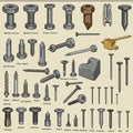 Illustration of various screws and nails featuring different designs, shapes, and sizes. Royalty Free Stock Photo