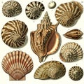 Illustration of various seashells, showcasing diverse shapes and patterns. The shells Royalty Free Stock Photo