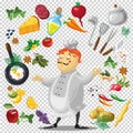 Illustration of various utensils and vegetables