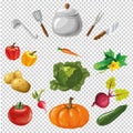 Illustration of various utensils and vegetables on a transparent background