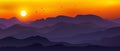 Illustration of vast mountain landscape combined with moon/sun, Orange sky and flying birds