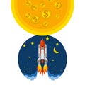 illustration vecto graphic of rocket launching towards gold coin money planet