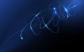 Illustration vector abstract chaos, blue wave line pattern, flow line and particle dot on dark color background.