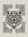 Illustration vector angry wolf head with antique ornament Royalty Free Stock Photo