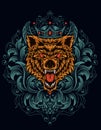 Illustration vector angry wolf head with antique ornament Royalty Free Stock Photo