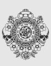 Illustration vector antique clock with skull flower