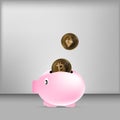 Illustration vector of bitcoin and ethereum coin falling onto a piggy bank on grey backdrop background