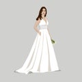 Illustration vector brunette bride in white wedding dress with a bouquet of flowers, lilies on a gray background