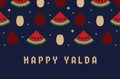 Illustration Vector concept happy Yalda night party. Happy Yalda Pomegranate Watermelon Pistachios congratulations Card the night