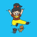 Illustration vector cute girl with cat jump